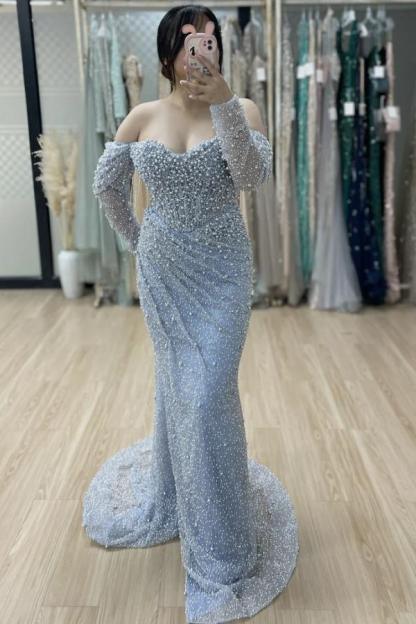 Luxus Abendkleider Lang Himmel Blau Ballkleider mit Glitzer-babyonlinedressde