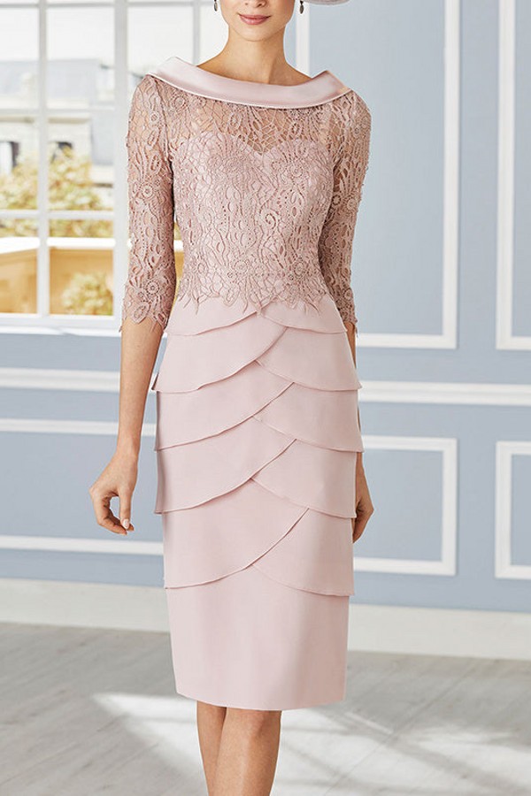 Dusty Rosa Brautmutterkleider Kurz Chiffon Festliche Kleider Hochzeitsgäste