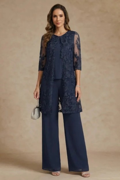 Navy Blau Mutter Hosenanzüge Lang Brautmutterkleider Spitze Jacke