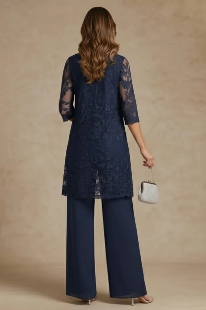 Navy Blau Mutter Hosenanzüge Lang Brautmutterkleider Spitze Jacke