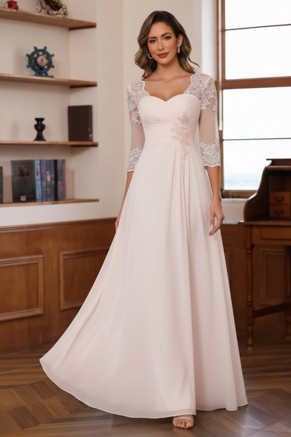 Dusty Blaue Brautmutterkleider Lang Chiffon Hoochzeitspartykleid Spitzenärmel