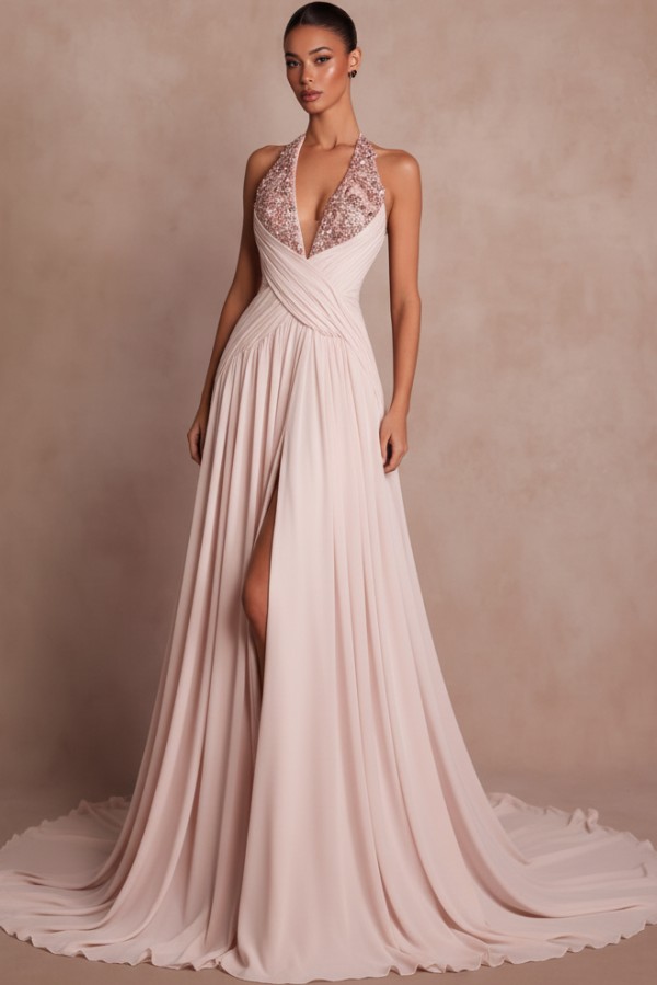 Schlichte Abendkleider Lang V Ausschnitt Chiffon Ballkleider mit Glitzer