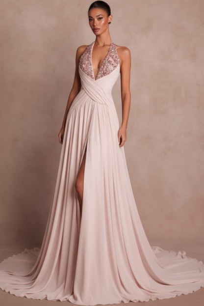 Schlichte Abendkleider Lang V Ausschnitt Chiffon Ballkleider mit Glitzer