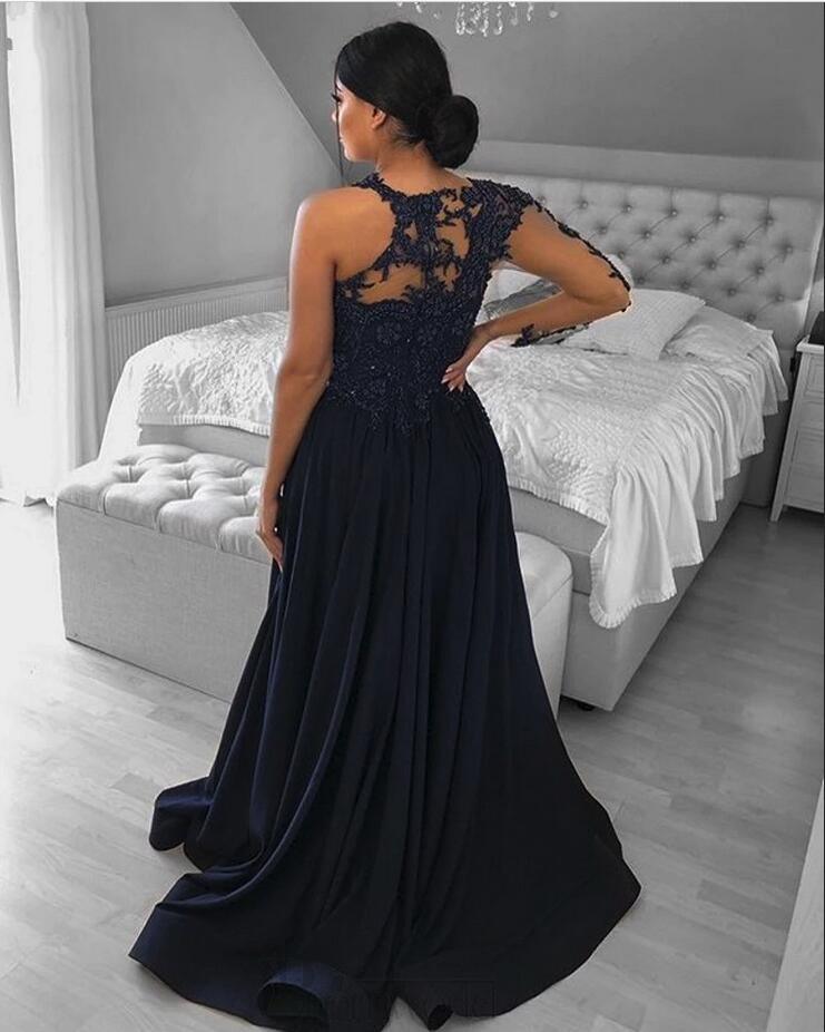 Navy Blau Abendkleider Mit Ärmel | Spitze Abiballkleider Lang Günstig