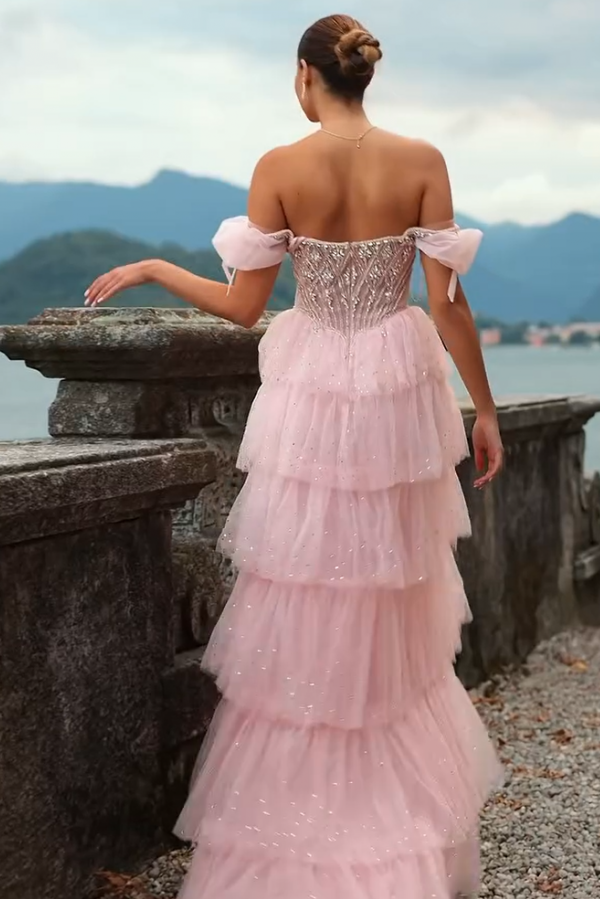 Extravagante Abendkleider Lang Rosa A Linie Ballkleider Mit Glitzer