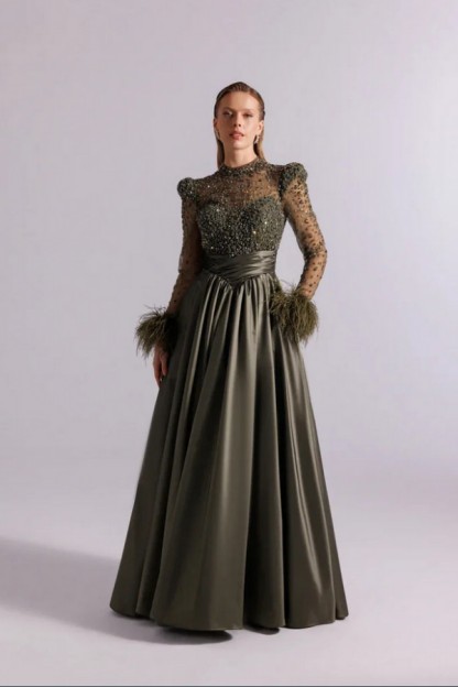 Vintage Grüne Abendkleider Lang Glitzer Ballkleider mit Ärmel