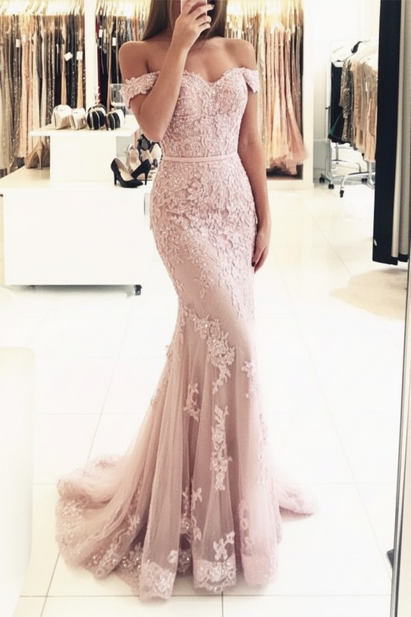 Rot Lange Abendkleider Spitze Perlen Schulterfrei Meerjungfrau Abibllkleider Partykleider BA3809