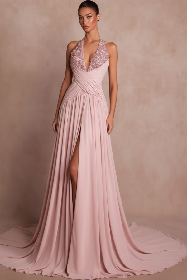 Schlichte Abendkleider Lang V Ausschnitt Chiffon Ballkleider mit Glitzer