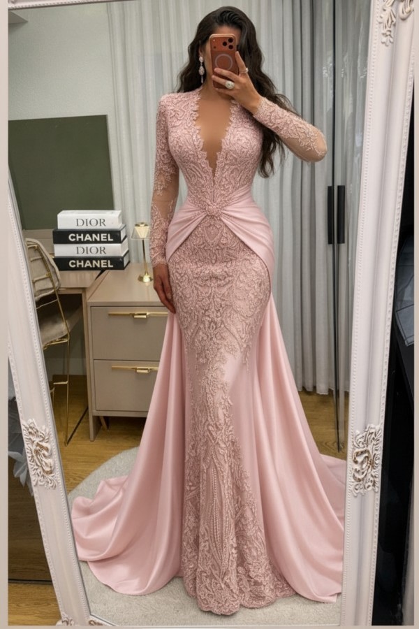 Wunderschöne Abendkleider Lang Spitze Abiballkleider mit Ärmel