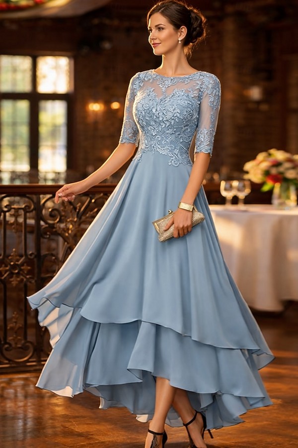 Dusty Blau Brautmutterkleider Kurz Festliche Hochzeitspartykleider Chiffon