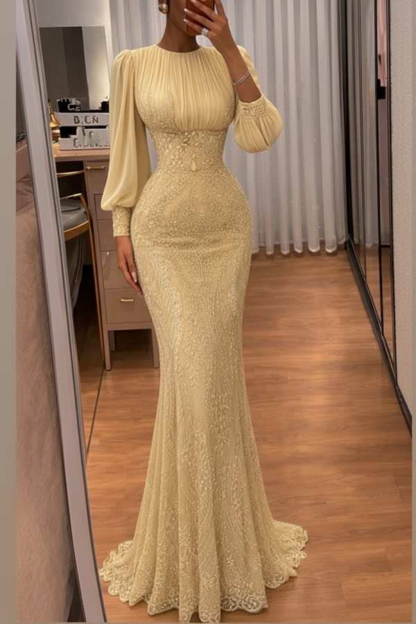 Dusty Grün Abendkleider Lang Glitzer Ballkleider Mit Ärmel