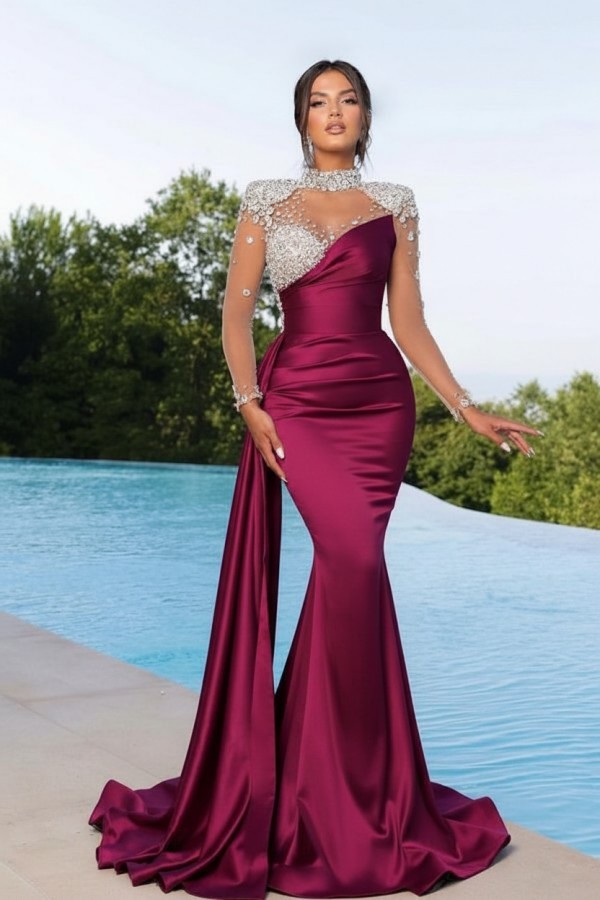 Elegante Abendkleider Lang Weinrot | Abiballkleider mit Ärmel