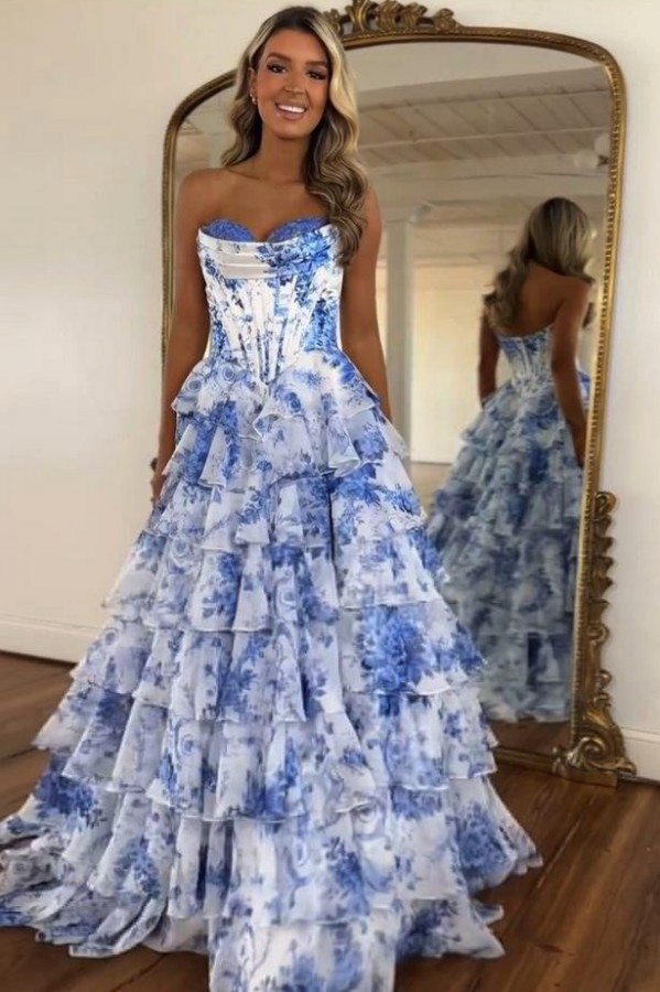 Designer Blaue Blumen Abendkleider Lang Günstig Ballkleider Online