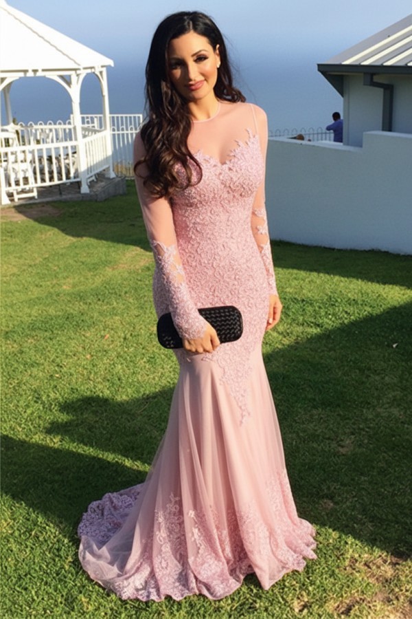 Schwarz Abendkleider Lang Ärmel Spitze Meerjungfrau Abendmoden Partykleider