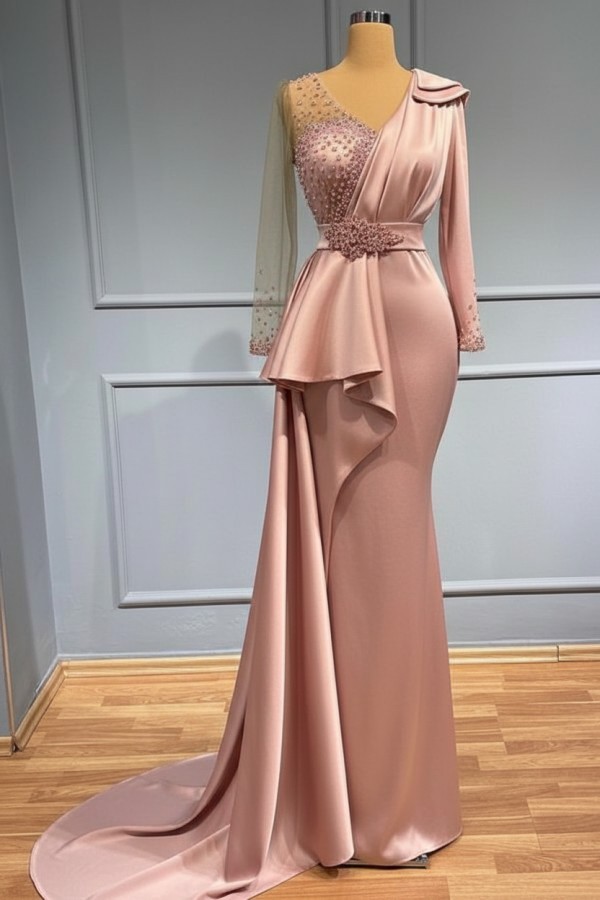 Olive Grün Abendkleider Lang Glitzer | Abiballkleider mit Ärmel