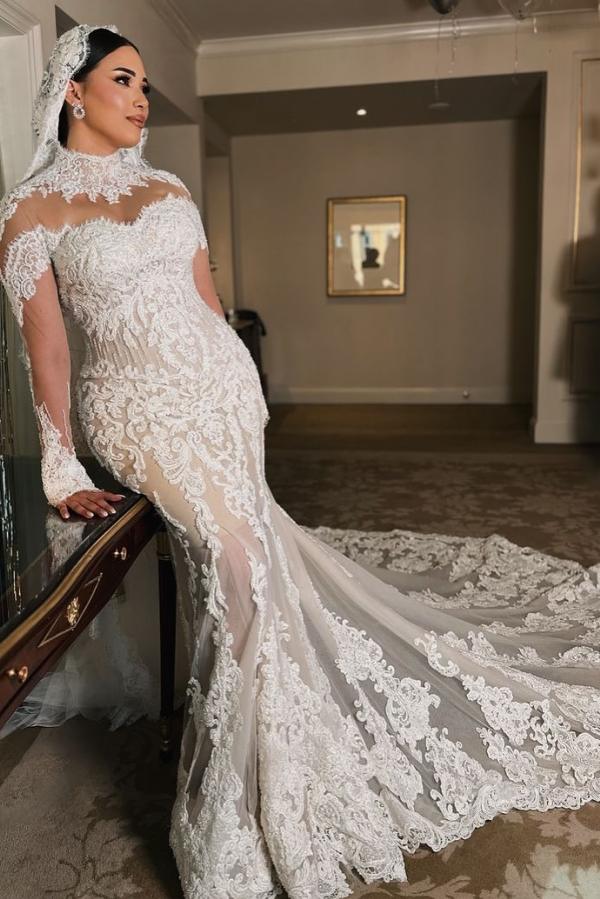 Wunderschöne Hochzeitskleider Meerjungfrau Stil Spitze Brautkleid mit Ärmel-babyonlinedressde