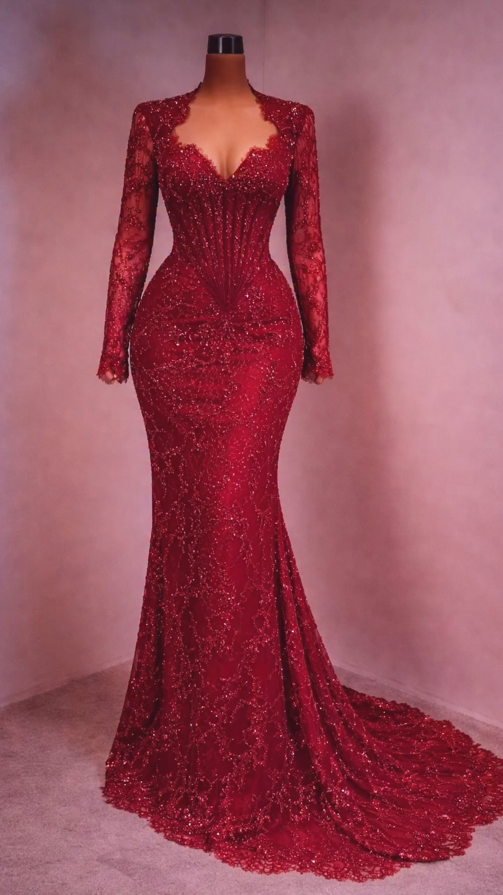 Designer Abendkleid Lang Weinrot Ballkleid Spitze Mit Ärmel