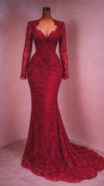 Designer Abendkleid Lang Weinrot Ballkleid Spitze Mit Ärmel