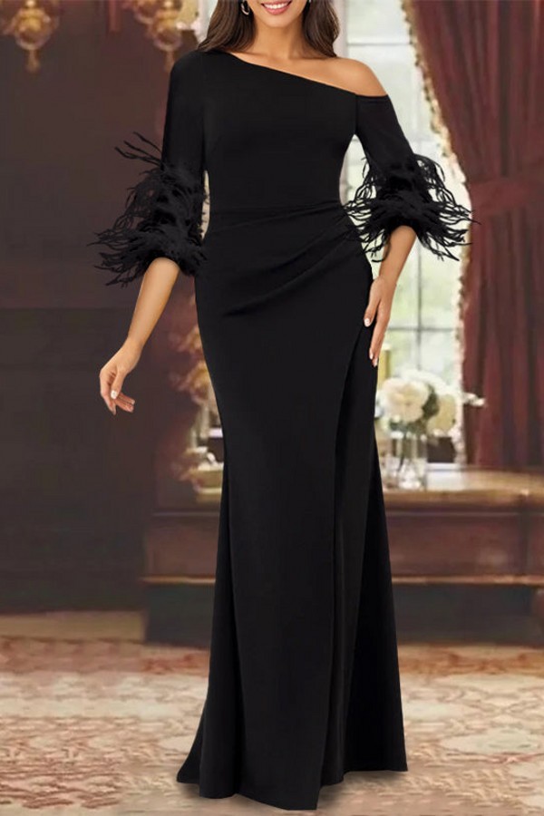 Vintage Brautmutterkleider Lang Schwarz Hochzeitsgäst Kleider mit Ärmel