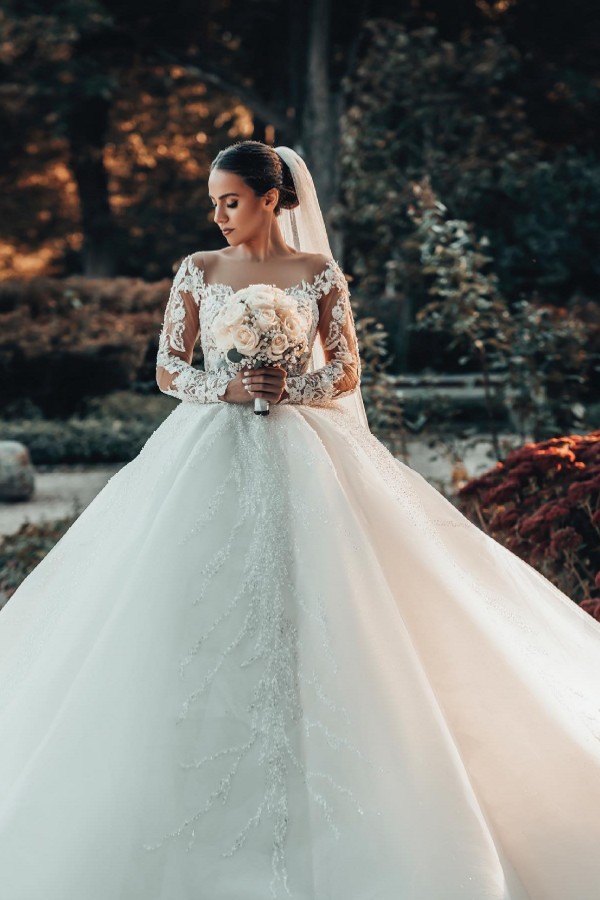 Luxus Bruatkleider A Linie Spitze | Hochzeitskleider mit Ärmel