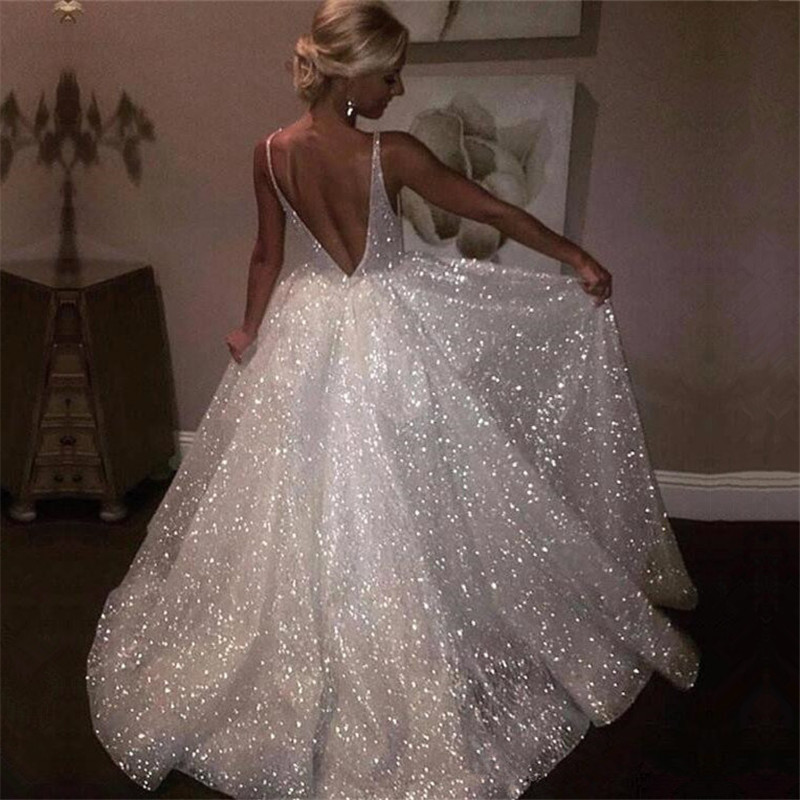 Elegante Abendkleider Lang Weiß Pailletten A Line Abiballkleider Günstig Online