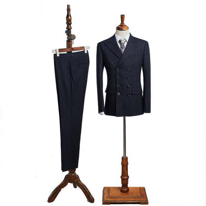 Carl Formal All Black Striped Double Breasted Tailored Business Suit-babyonlinedressde