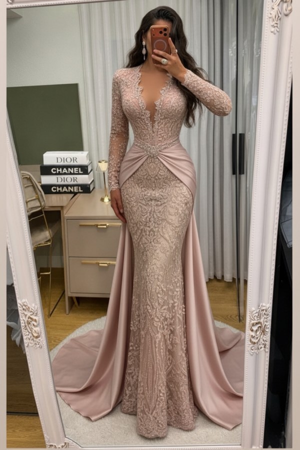 Wunderschöne Abendkleider Lang Spitze Abiballkleider mit Ärmel