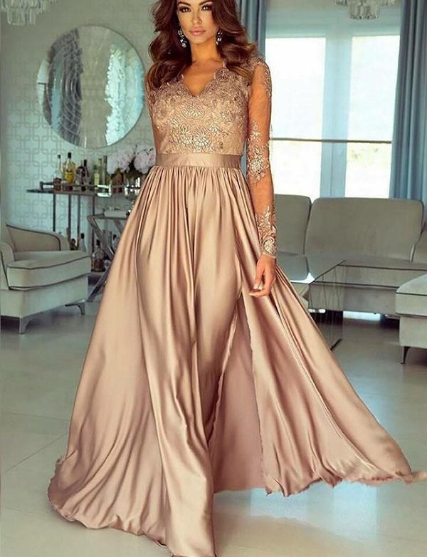 Champagne Abendkleider Lang Mit Ärmel Spitze Abendmoden Günstig-babyonlinedressde