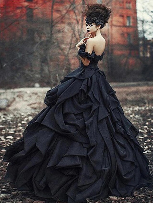 Schwarze Brautkleider Pinzessin | Vintage Hochzeitskleid Mit Spitze