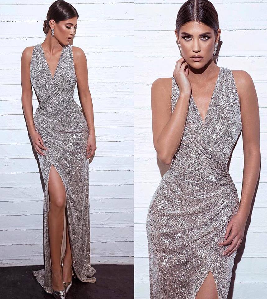 Elegante Abendkleider mit Glitzer | Abendkleider Lang V Ausschnitt