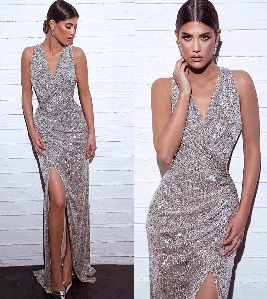 Elegante Abendkleider mit Glitzer | Abendkleider Lang V Ausschnitt