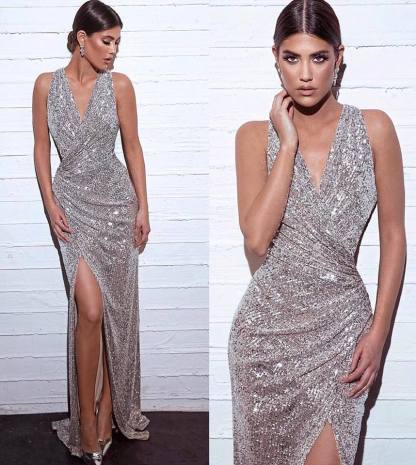 Elegante Abendkleider mit Glitzer | Abendkleider Lang V Ausschnitt