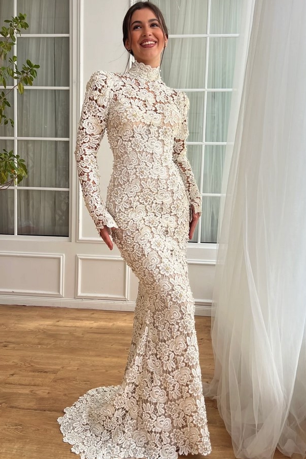 Designer Abendkleider Lang Weiß Spitze Ballkleider mit Ärmel