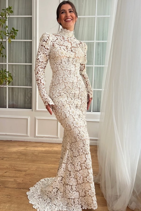 Designer Abendkleider Lang Weiß Spitze Ballkleider mit Ärmel