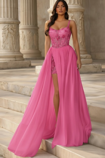 Rosa Abendkleider Lang Chiffon Ballkleider mit Glitzer