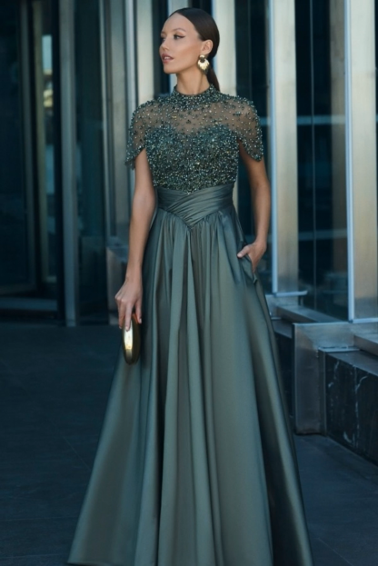 Dunkel Grüne Abendkleider Lang Glitzer Ballkleider mit Ärmel