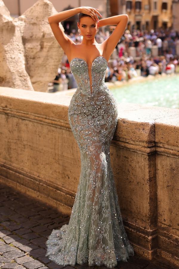 Dusty Grüne Abendkleider Lang Spitze | Abiballkleider mit Glitzer-babyonlinedressde