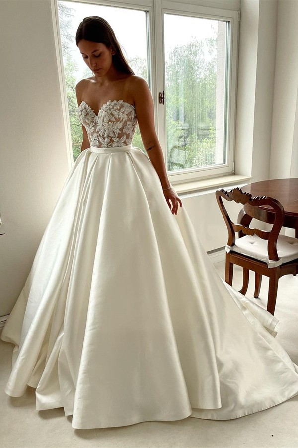 Schöne Brautkleider A Linie Satin | Hochzeitskleider mit Spitze