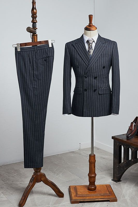 Bradley Formal Black Striped Peaked Lapel Double Breasted Bespoke Business Suit-babyonlinedressde