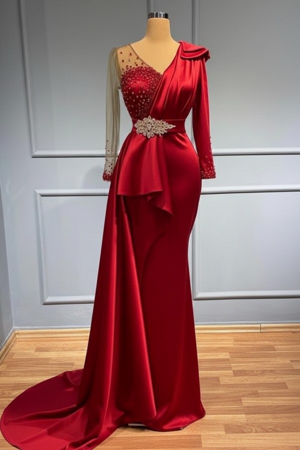 Olive Grün Abendkleider Lang Glitzer | Abiballkleider mit Ärmel