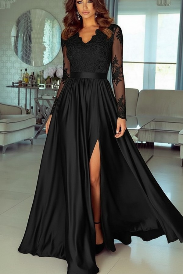 Champagne Abendkleider Lang Mit Ärmel Spitze Abendmoden Günstig