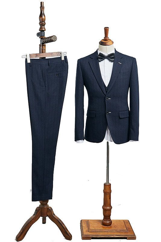 Blair Stylish Navy Blue Striped 3 Pieces Notched Lapel Business Suit-babyonlinedressde