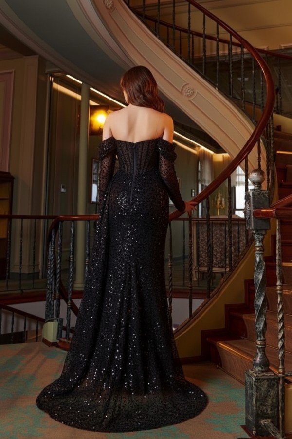 Schwarze Hochzeitskleider Glitzer | Brautkleider A Linie mit Ärmel