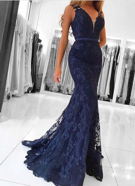 Mordern Navy Blau Abendkleider Lang Günstig | Spitze Abendmoden Online-babyonlinedressde