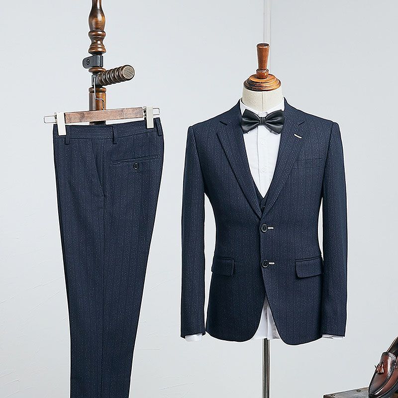 Burke Formal Navy Blue Striped 3 Pieces Custom Business Suit-babyonlinedressde
