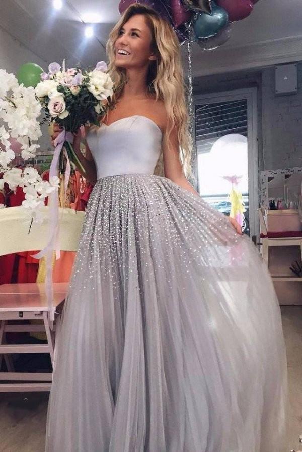 Silber Abendkleider Lang Günstig Mit Perlen Etuikleider Abiballkleider Online-babyonlinedressde