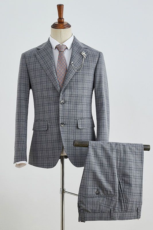 Bishop Trendy Gray Plaid Slim Fit Tailored Business Suit For Men-babyonlinedressde