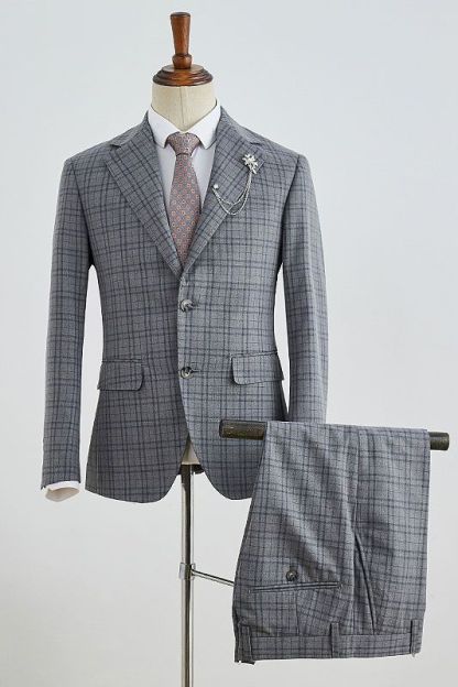 Bishop Trendy Gray Plaid Slim Fit Tailored Business Suit For Men-babyonlinedressde