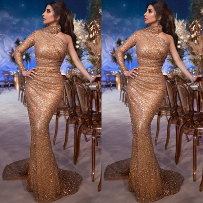 Luxus Abendkleid mit Ärmel | Abendkleider Lang mit Glitzer