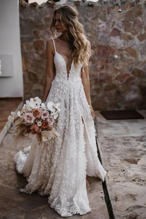 Wunderschöne Boho Brautkleider Spitze Strand Hochzeitskleid A Linie